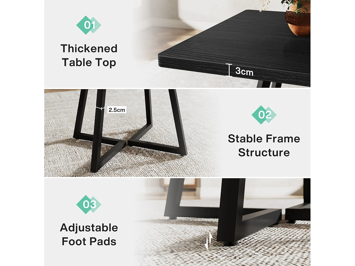 Eettafel voor 4 personen, moderne stijl, stevig metalen frame, 80 x 80 x 75 cm keukentafel voor eetkamer (zwart)