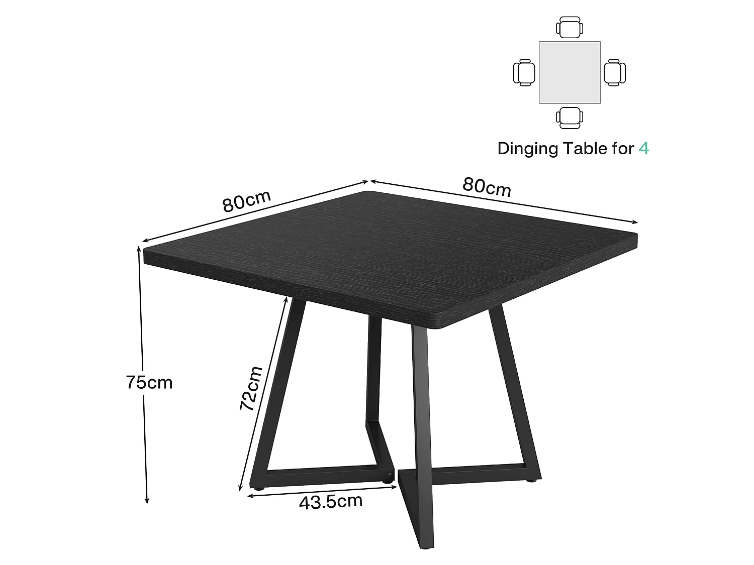 Table à manger pour 4 personnes, style moderne, structure en métal robuste, 80 x 80 x 75 cm, table de cuisine pour salle à manger (noir)