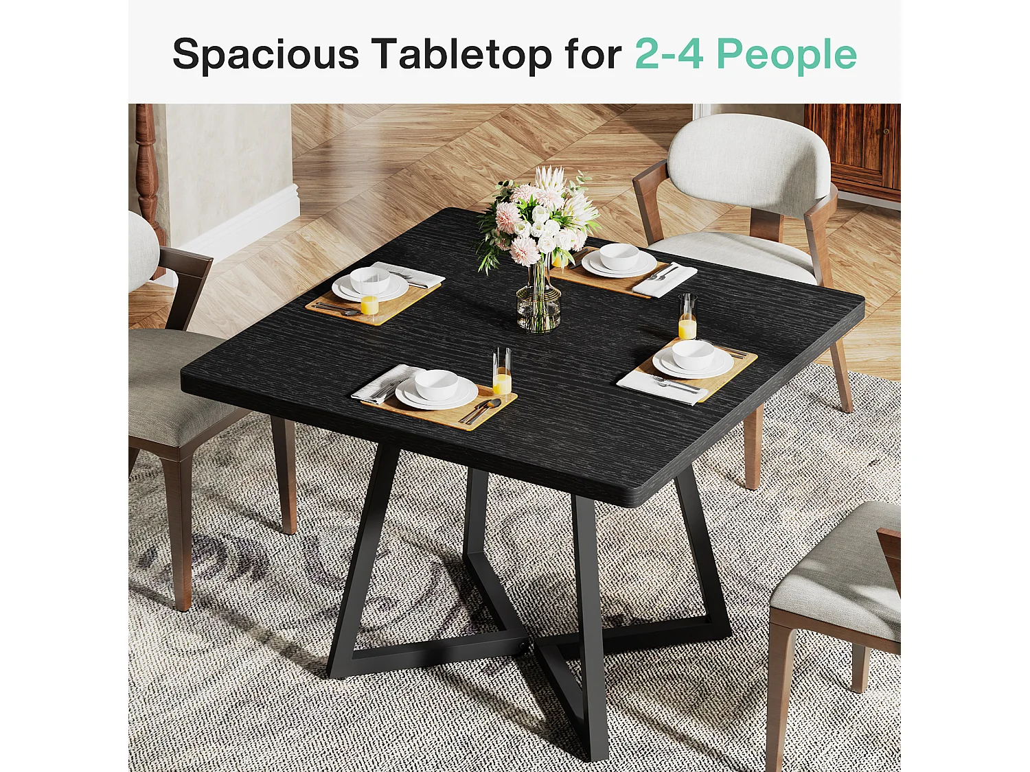 Table à manger pour 4 personnes, style moderne, structure en métal robuste, 80 x 80 x 75 cm, table de cuisine pour salle à manger (noir)