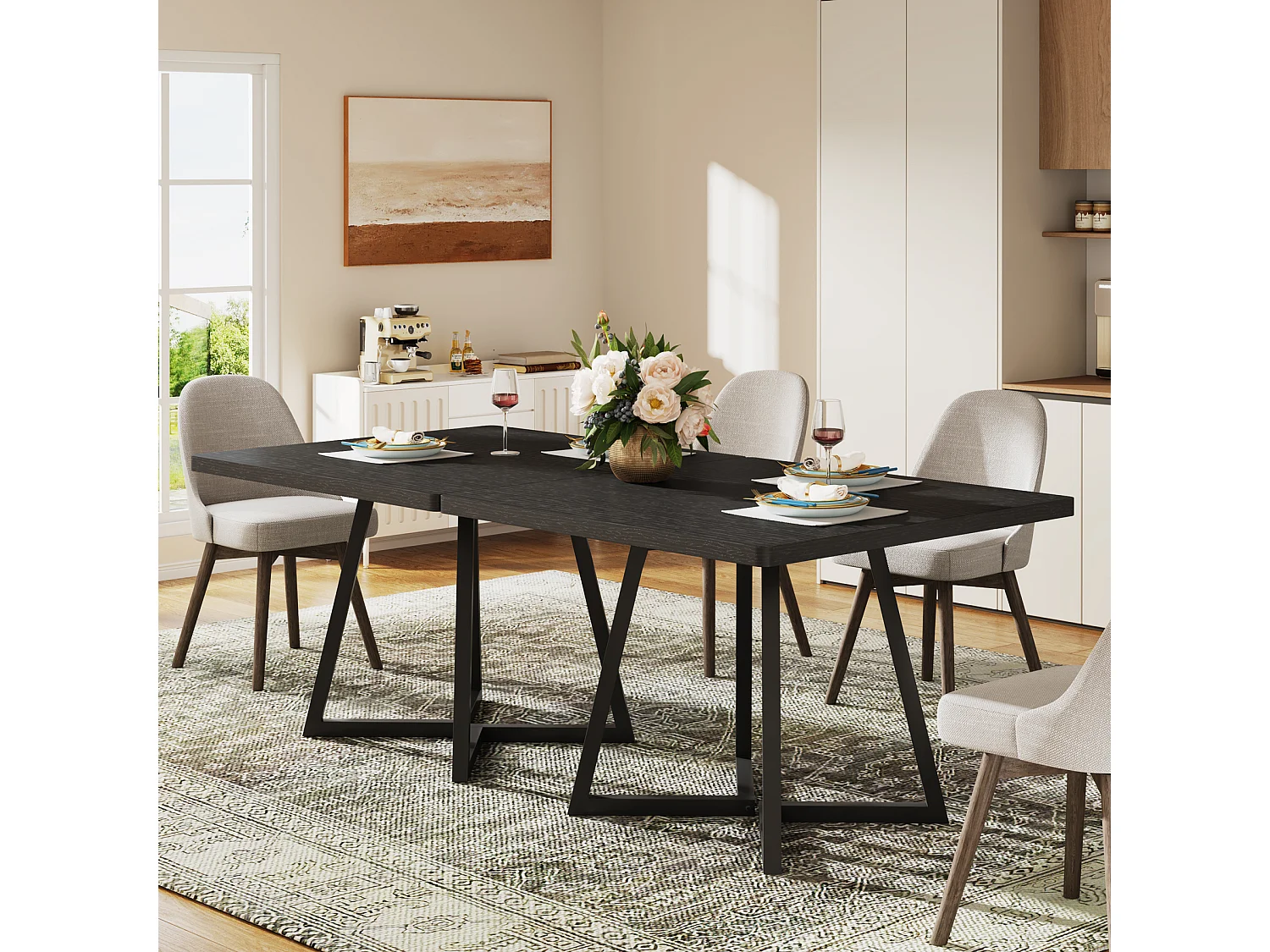 Table à manger pour 4 personnes, style moderne, structure en métal robuste, 80 x 80 x 75 cm, table de cuisine pour salle à manger (noir)