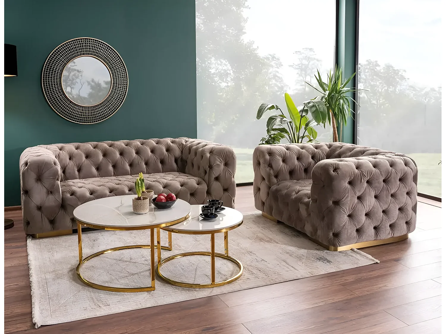 Set di tavolini da caffè Portafino-XL/Ceramica/Rotondo/Bianco&Oro