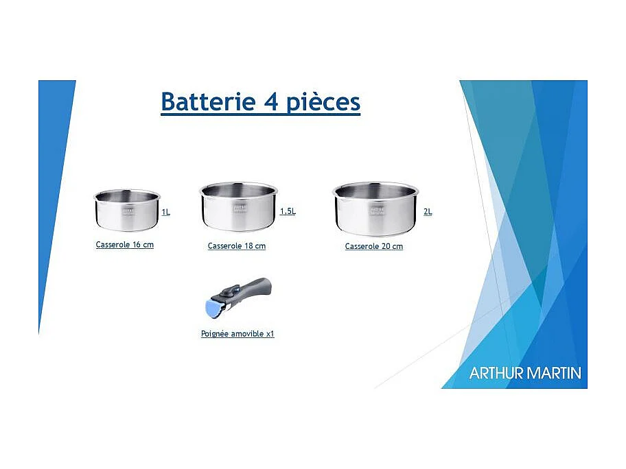 Lot de 3 casseroles inox manche amovible Arthur Martin 5531