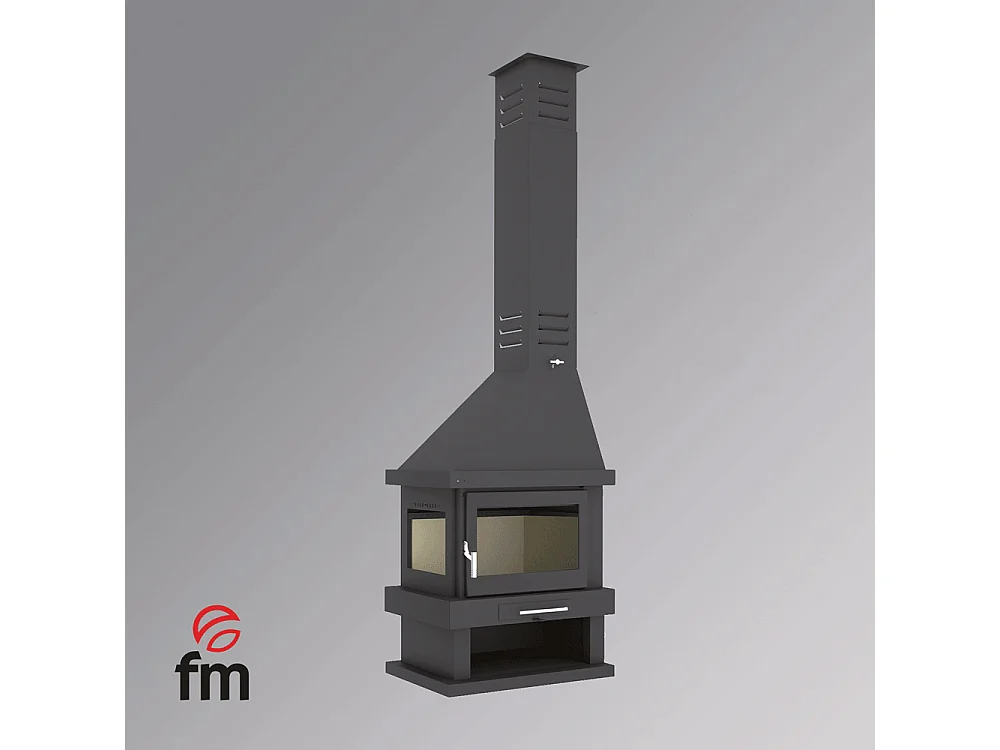 Cheminée à bois de coin gauche en acier avec bûcher inférieur - Calorana - Intérieur en vermiculite