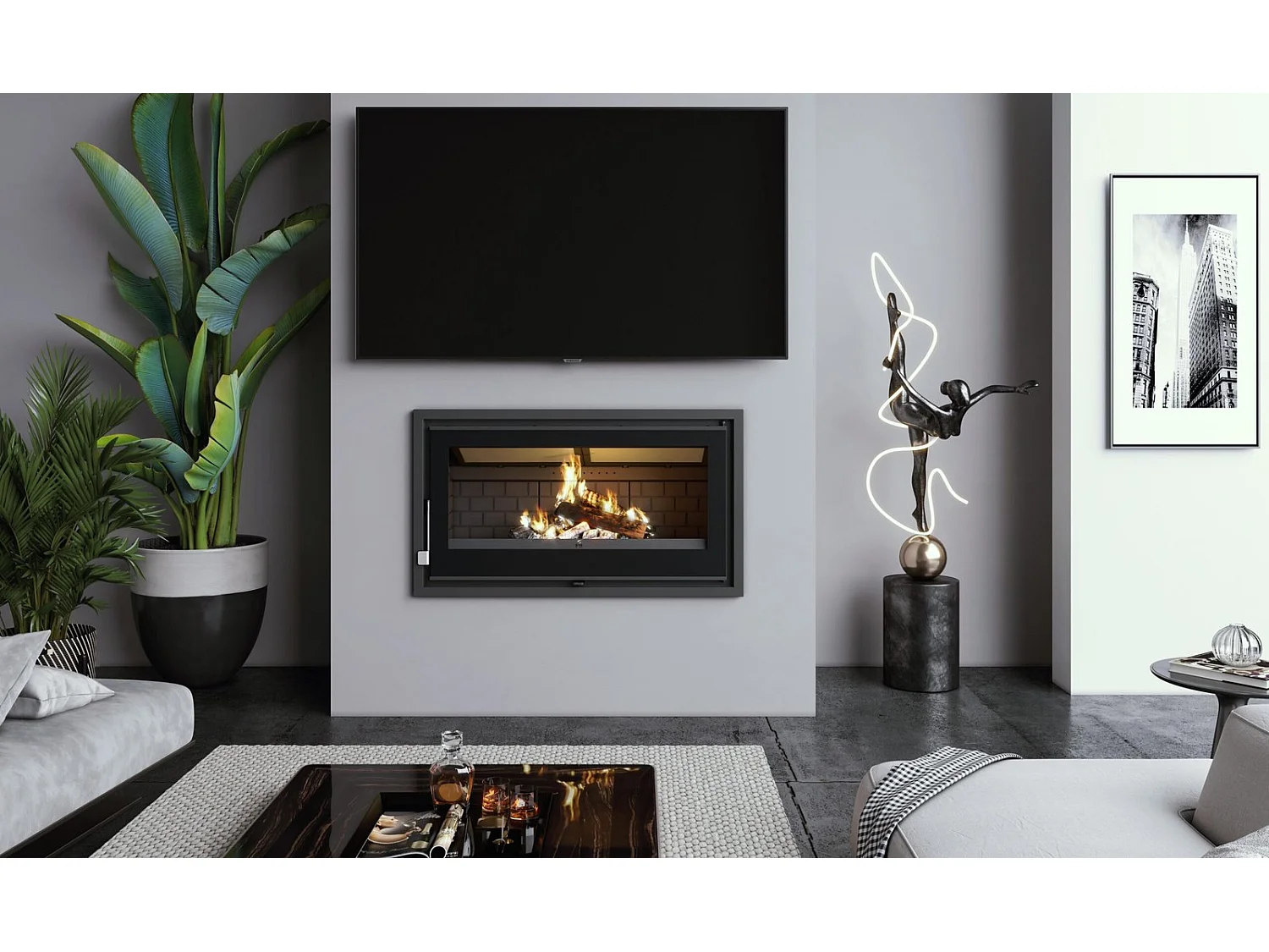 Insert à bois panoramique en acier, verre sérigraphié, triple combustion - TerraFlam - Turbine tangentielle