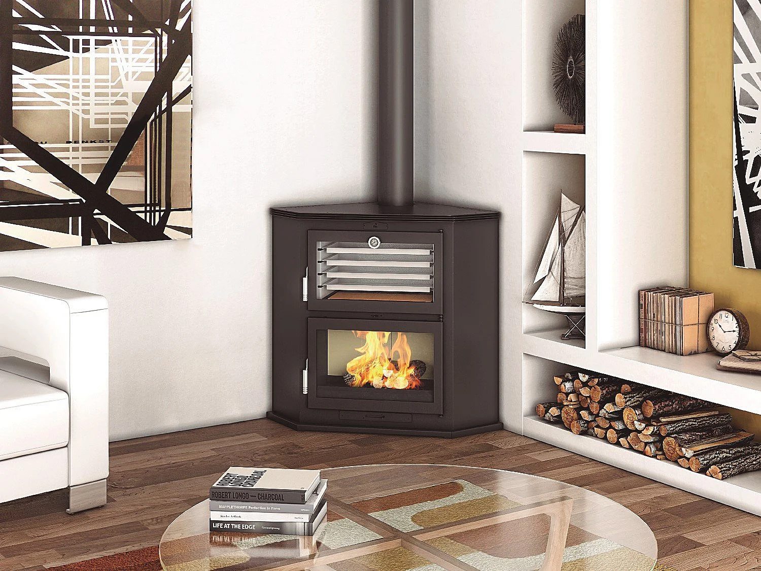Four-poêle à bois de coin en acier - Domotifeu - Intérieur en vermiculite