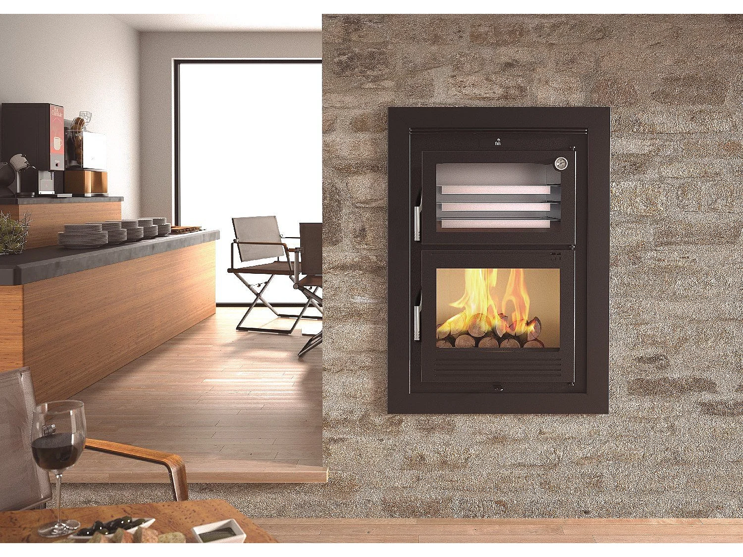 Four-poêle à bois en acier, encastrable - Flambo - Intérieur en vermiculite