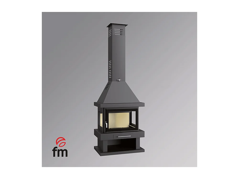 Cheminée à bois en acier, 3 cotés vitrés, bûcher inférieur - FeuVif - verre sérigraphié