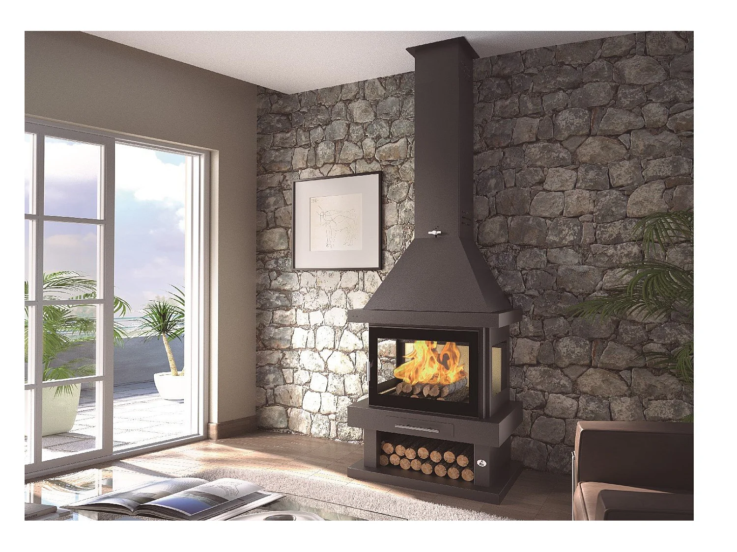 Cheminée à bois en acier, 3 cotés vitrés, bûcher inférieur - FeuVif - verre sérigraphié