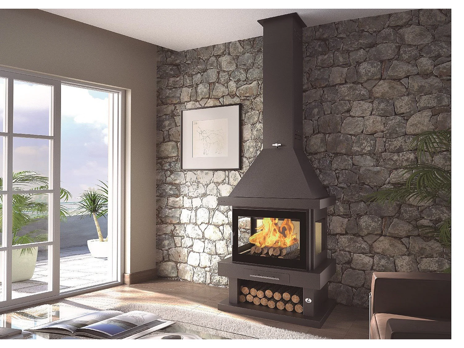 Cheminée à bois en acier, 3 cotés vitrés, bûcher inférieur - FeuVif - verre sérigraphié