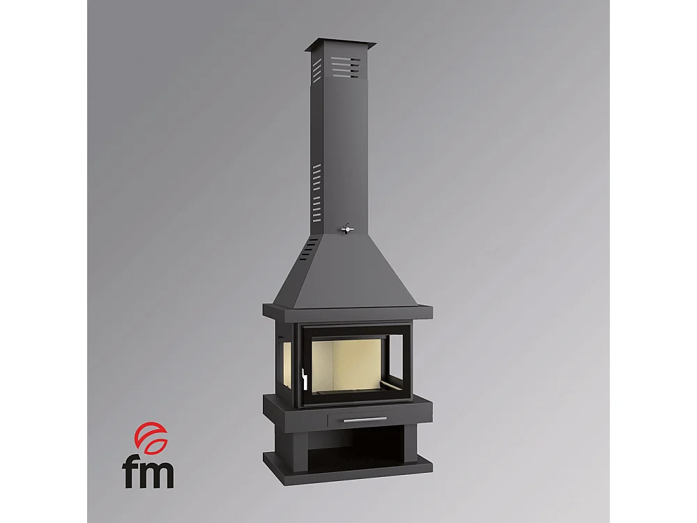 Cheminée à bois en acier, 3 cotés vitrés, bûcher inférieur - FeuVif - verre sérigraphié