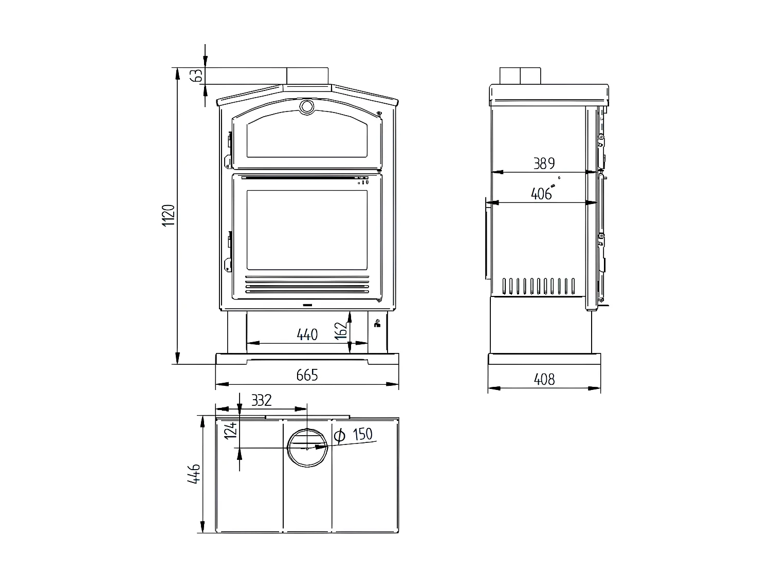 Poêle à bois en acier, four de face, bûcher inférieur - FlamRustique