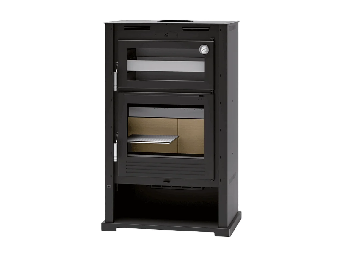 Poêle à bois en acier, double combustion, Four supérieur de face en inox, bûcher inférieur - Warmilo - sans turbine