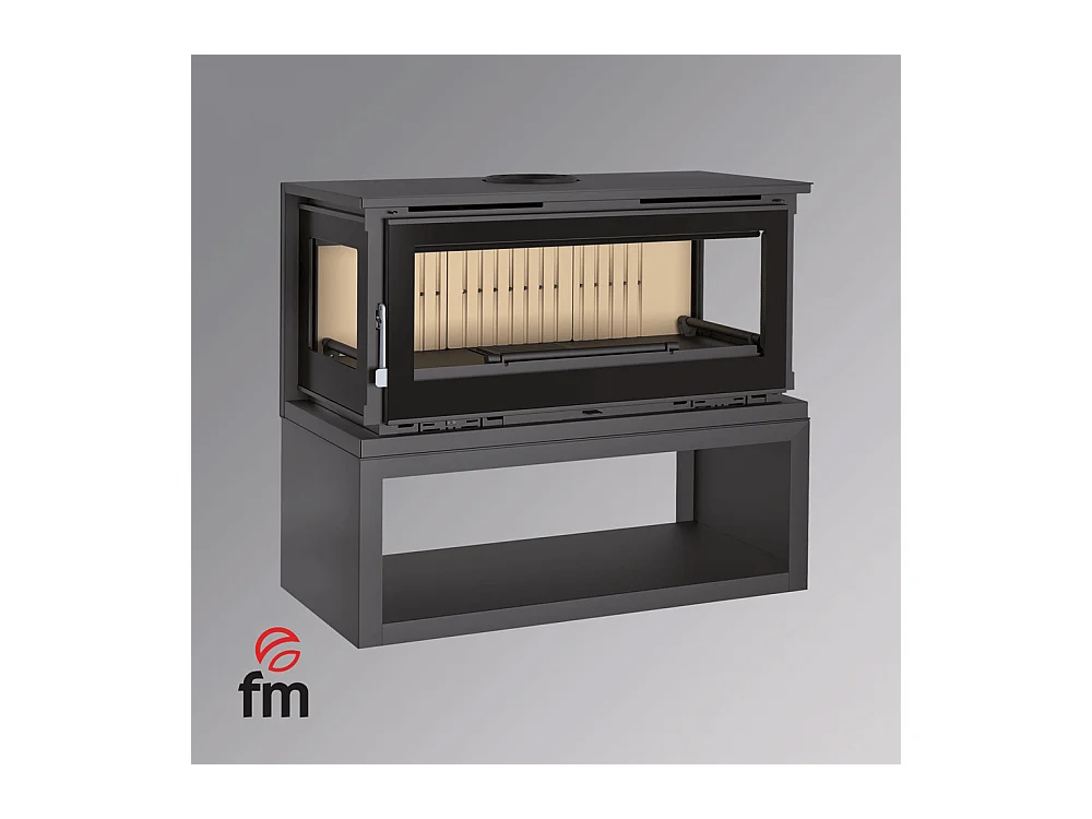 Poêle-cheminée 3 cotés vitrés en acier sur bûcher avec turbines, foyer en vermiculite, verre serigraphié - PrestigeFlam