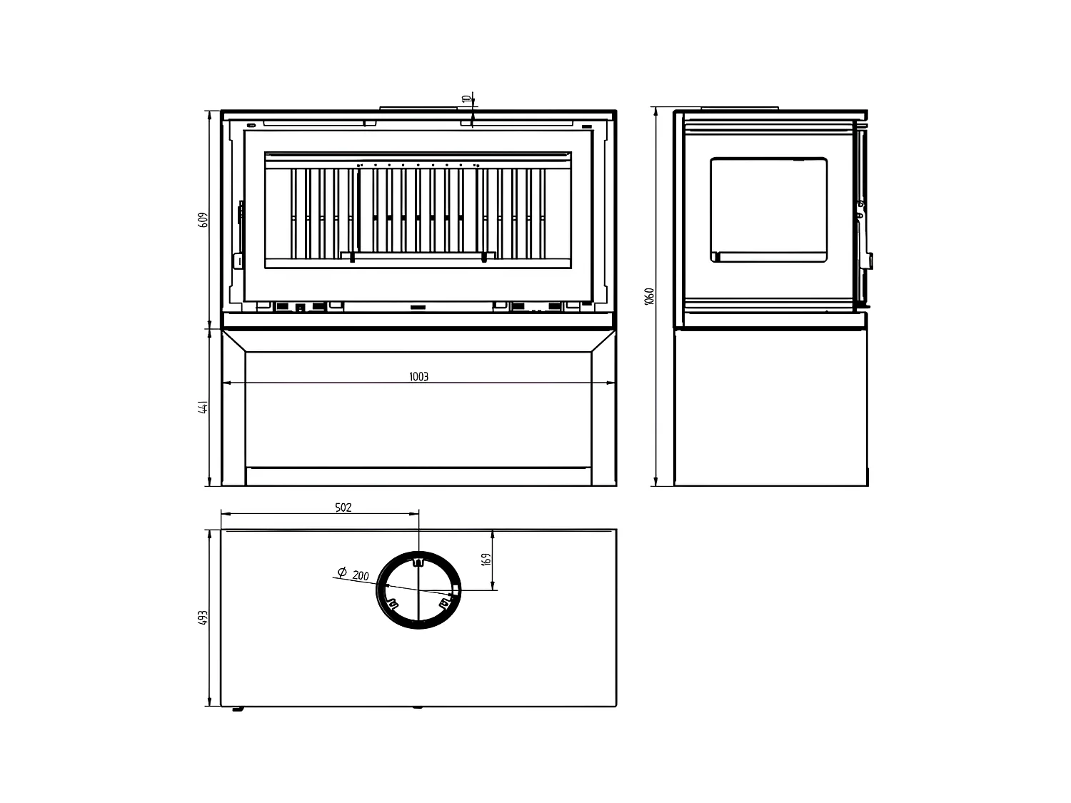 Poêle-cheminée 3 cotés vitrés en acier sur bûcher avec turbines, foyer en vermiculite, verre serigraphié - PrestigeFlam