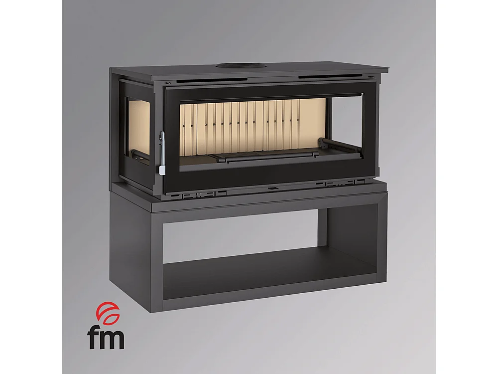 Poêle-cheminée 3 cotés vitrés en acier sur bûcher avec turbines, foyer en vermiculite, verre serigraphié - PrestigeFlam