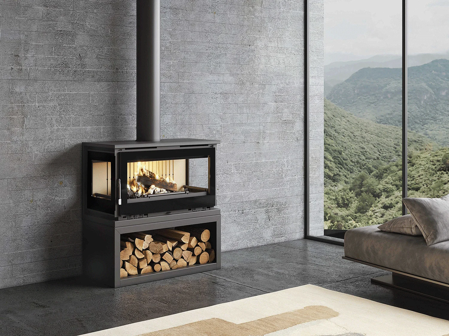 Poêle-cheminée 3 cotés vitrés en acier sur bûcher avec turbines, foyer en vermiculite, verre serigraphié - PrestigeFlam