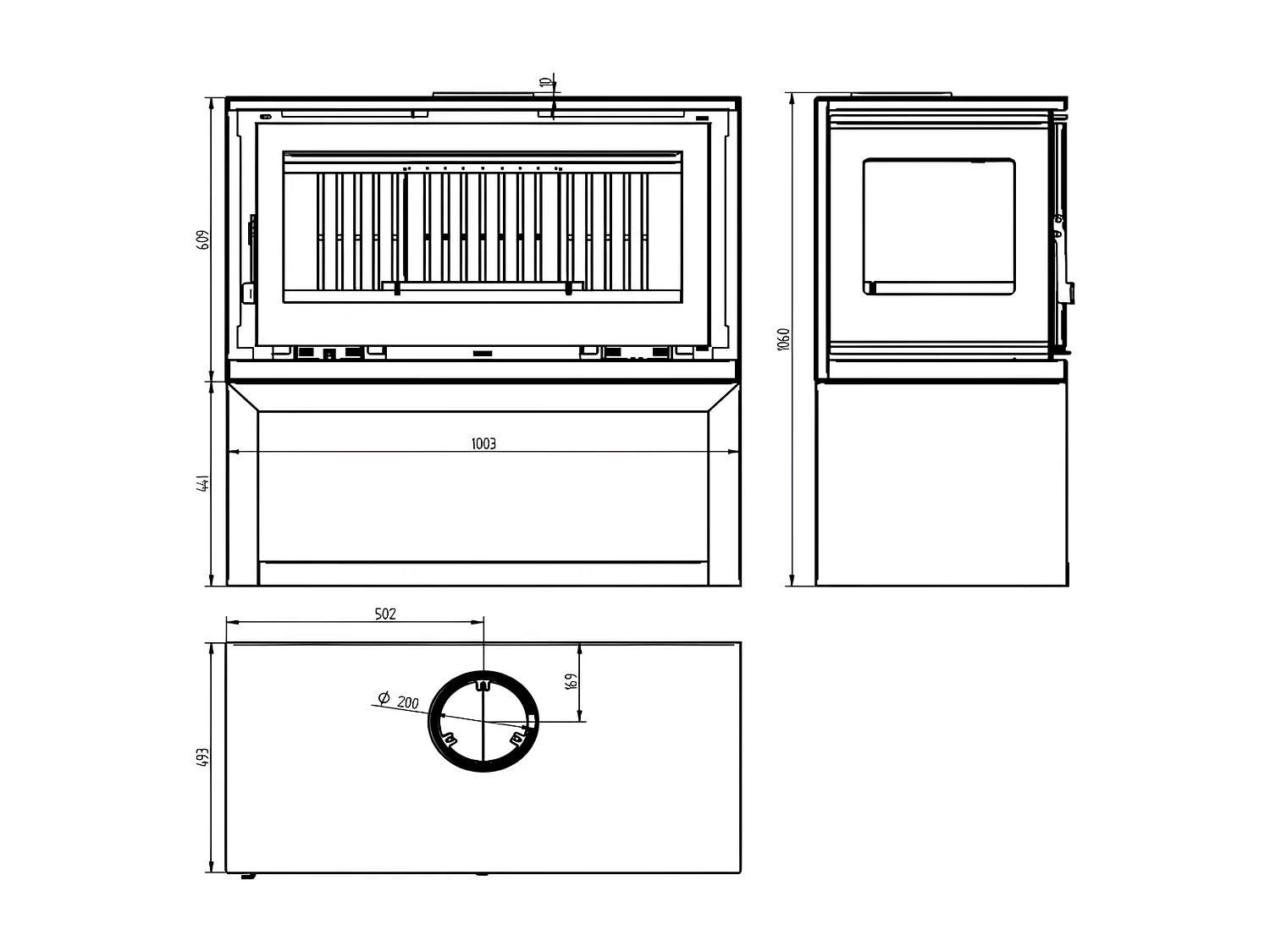 Poêle-cheminée 3 cotés vitrés en acier sur bûcher avec turbines, foyer en vermiculite, verre serigraphié - PrestigeFlam