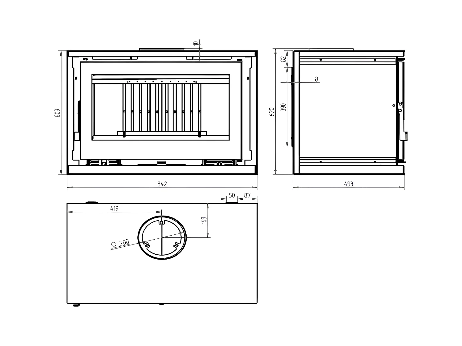 Poêle-cheminée à suspendre, avec turbines, verre serigraphié - BioBraze - Intérieur en vermiculite