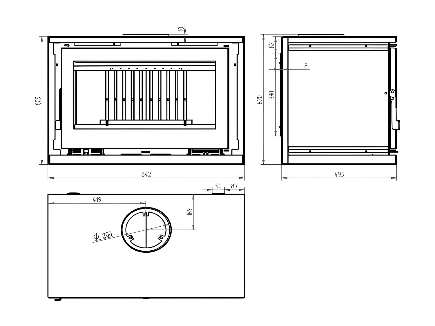Poêle-cheminée à suspendre, avec turbines, verre serigraphié - BioBraze - Intérieur en vermiculite