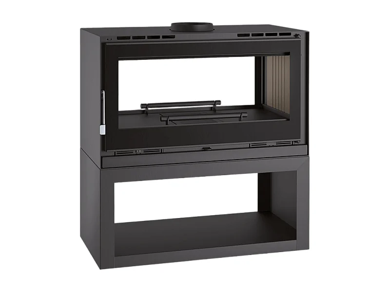 Poêle-cheminée double face en acier sur bûcher avec turbines, foyer en vermiculite, verre serigraphié - Luberon