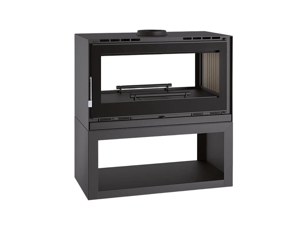 Poêle-cheminée double face en acier sur bûcher avec turbines, foyer en vermiculite, verre serigraphié - Luberon