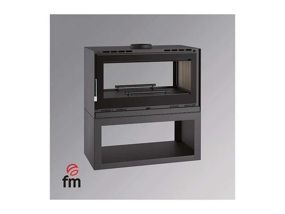 Poêle-cheminée double face en acier sur bûcher avec turbines, foyer en vermiculite, verre serigraphié - Luberon