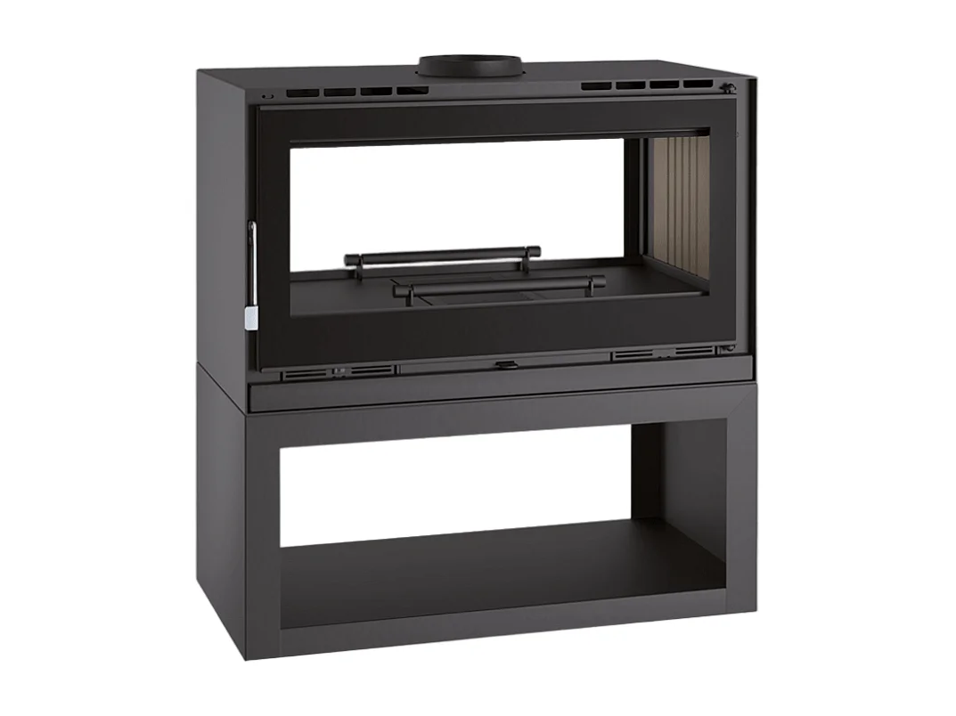 Poêle-cheminée double face en acier sur bûcher avec turbines, foyer en vermiculite, verre serigraphié - Luberon