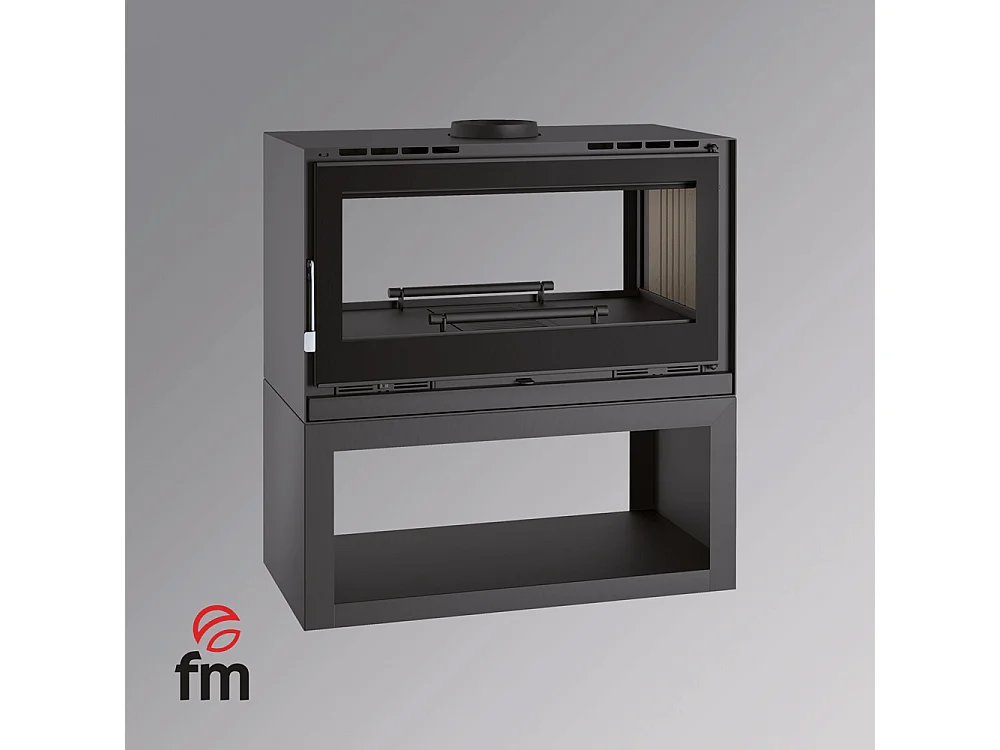 Poêle-cheminée double face en acier sur bûcher avec turbines, foyer en vermiculite, verre serigraphié - Luberon