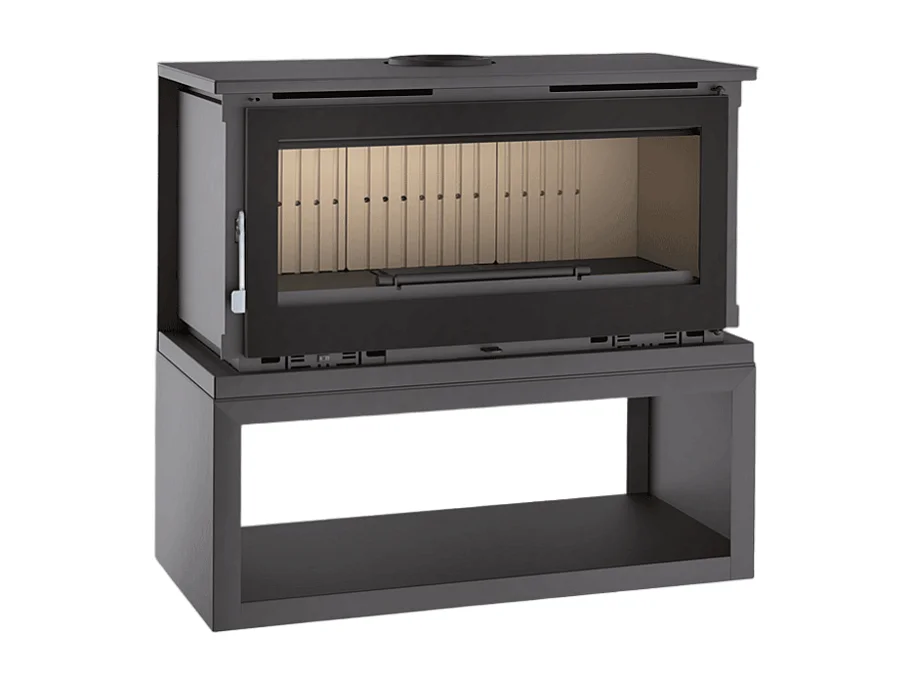 Poêle-cheminée en acier sur bûcher sans turbines, foyer en vermiculite, verre serigraphié - Ardentia