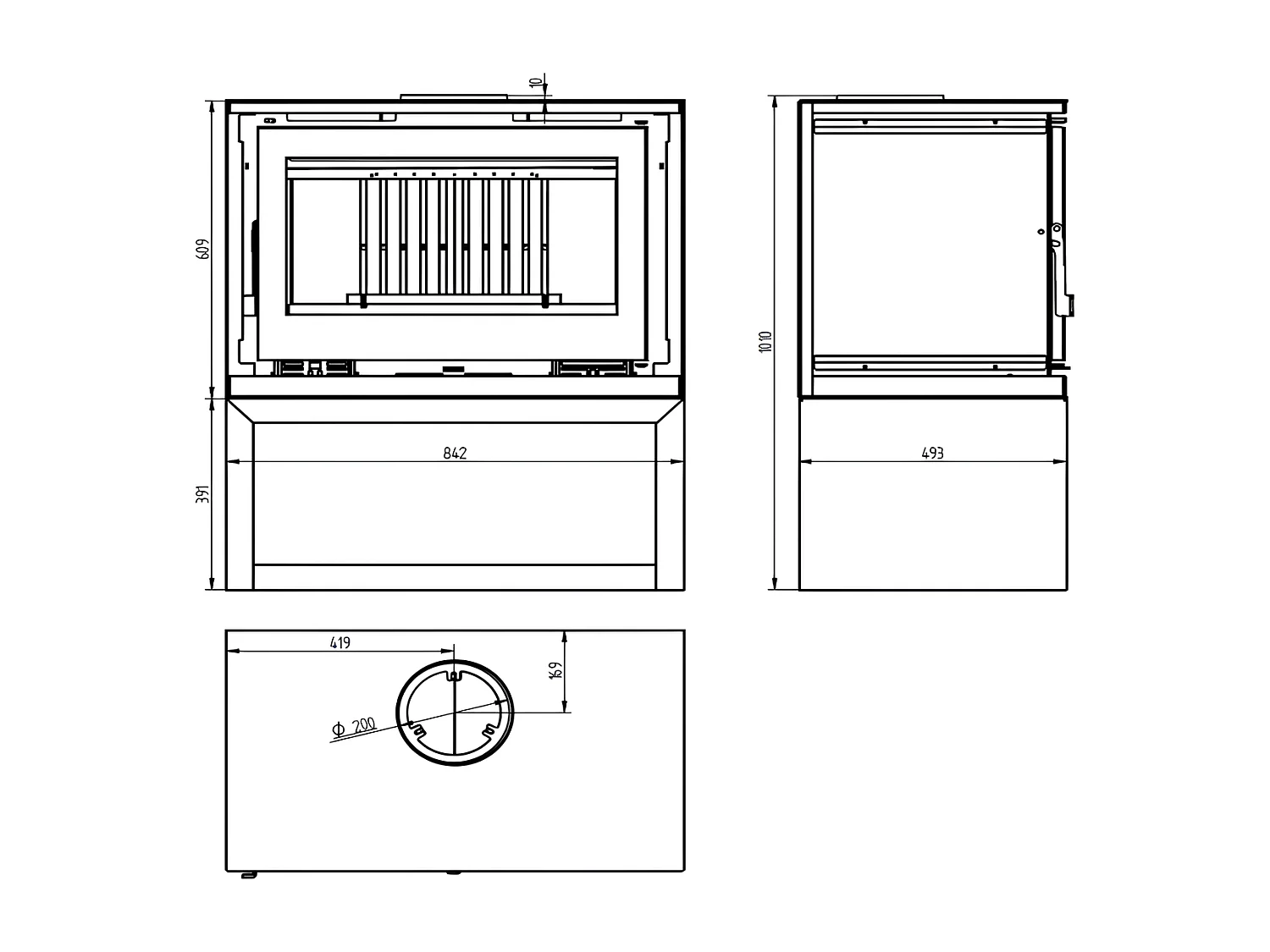 Poêle-cheminée en acier sur bûcher sans turbines, foyer en vermiculite, verre serigraphié - Ardentia