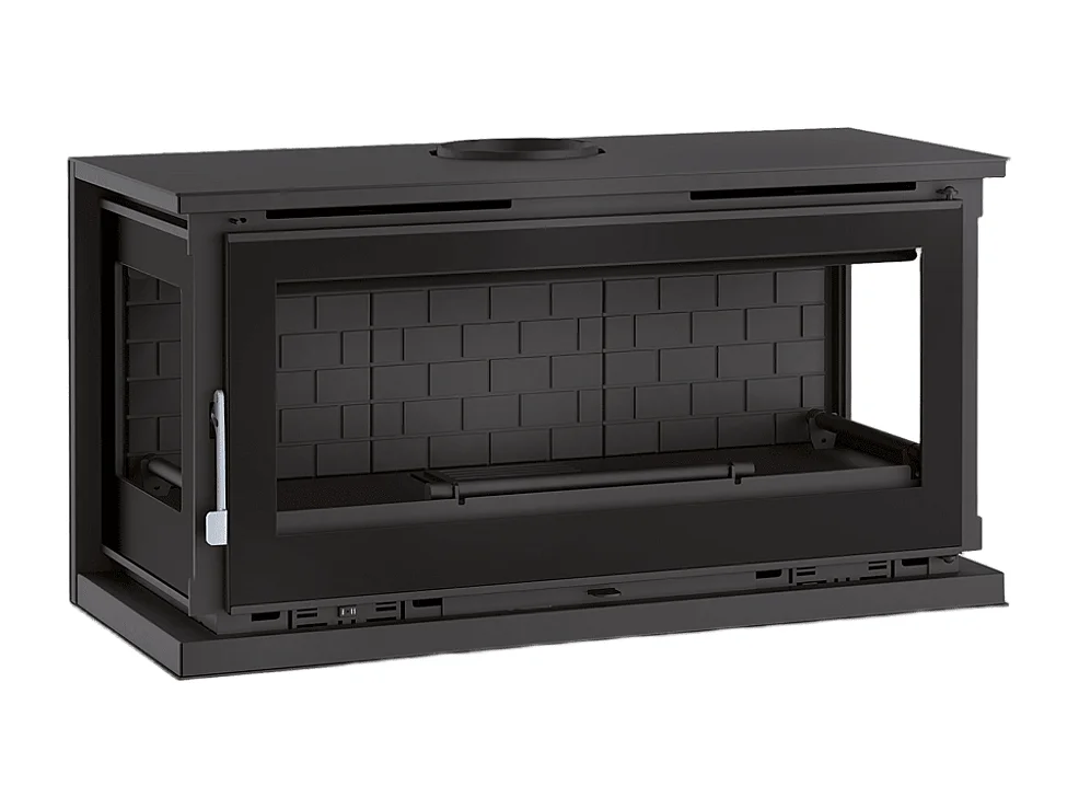 Poêle-cheminée à suspendre, 3 cotés vitrés, avec turbines, verre serigraphié - Onirique - Intérieur en fonte