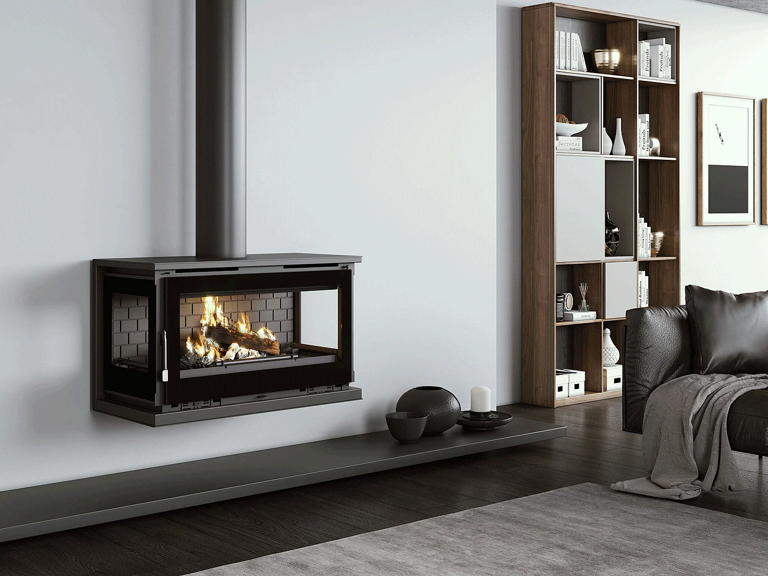 Poêle-cheminée à suspendre, 3 cotés vitrés, avec turbines, verre serigraphié - Onirique - Intérieur en fonte