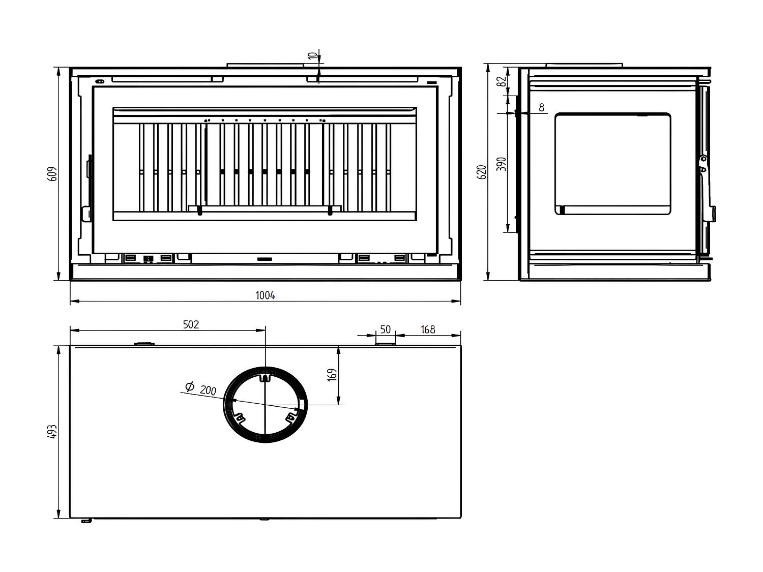 Poêle-cheminée à suspendre, 3 cotés vitrés, avec turbines, verre serigraphié - Onirique - Intérieur en fonte