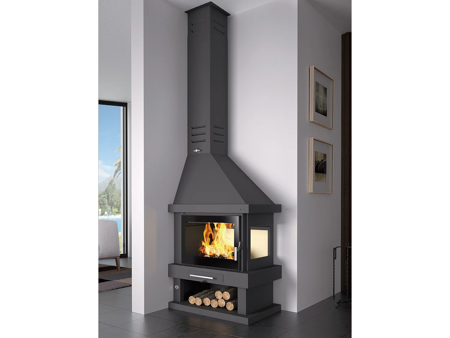 Cheminée à bois de coin droit en acier avec bûcher inférieur - IntimiFeu - Intérieur en vermiculite + verre sérigraphié sur la porte uniquement