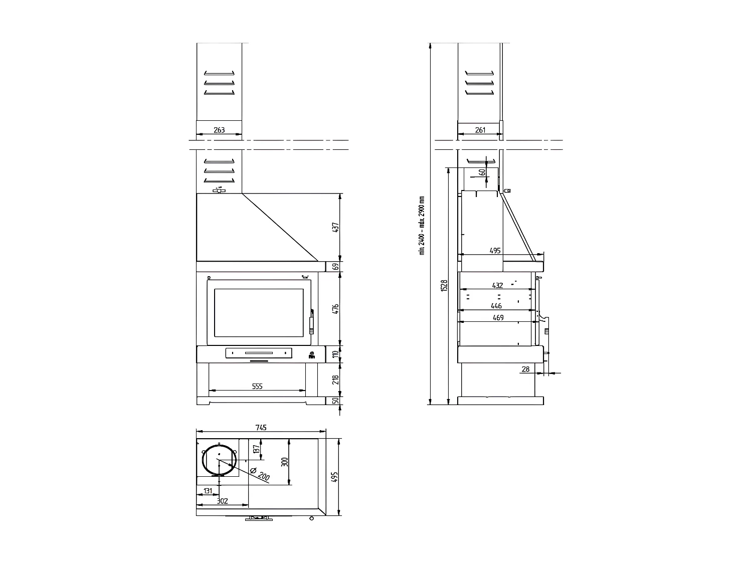Cheminée à bois de coin droit en acier avec bûcher inférieur - IntimiFeu - Intérieur en vermiculite + verre sérigraphié sur la porte uniquement