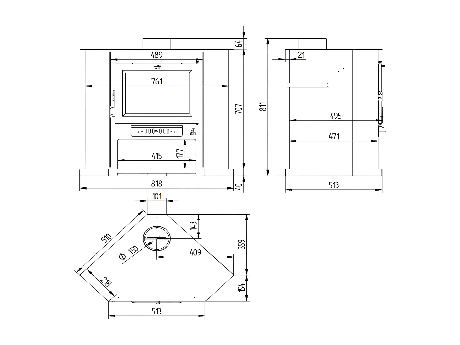 Poêle à bois en acier, de coin, bûcher inférieur - ThermoBalance