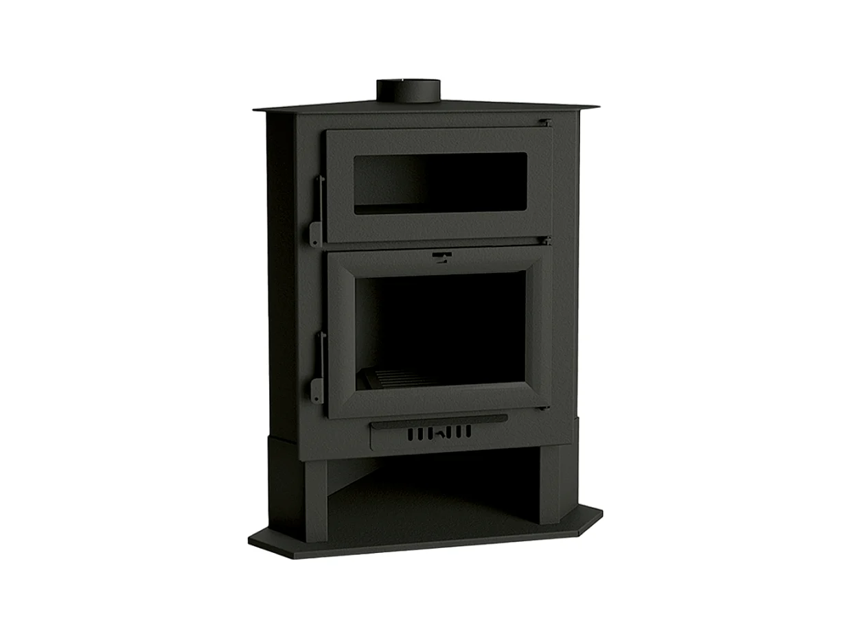 Poêle à bois de coin en acier avec four supérieur et bûcher inférieur - FonteActive