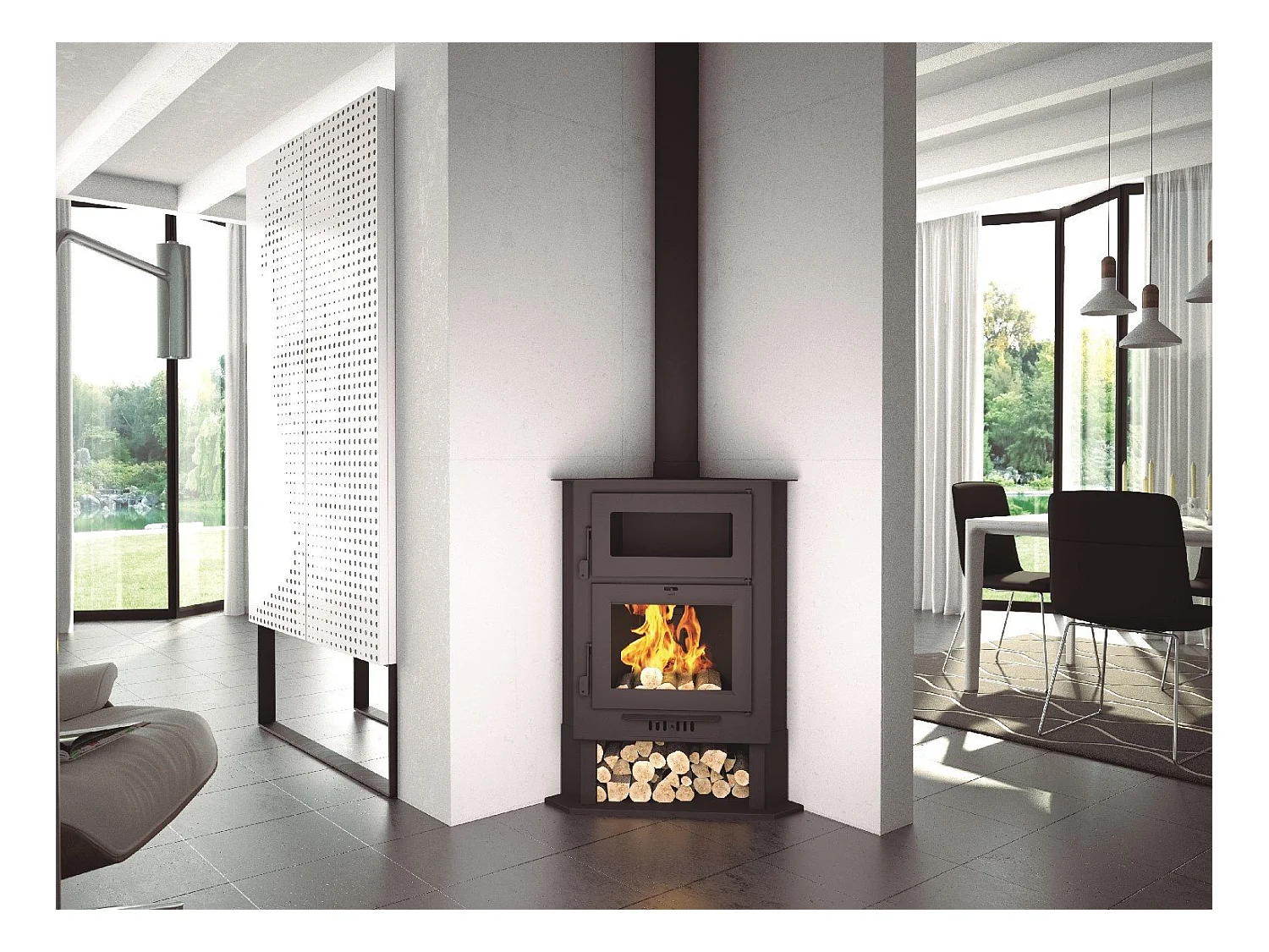 Poêle à bois de coin en acier avec four supérieur et bûcher inférieur - FonteActive