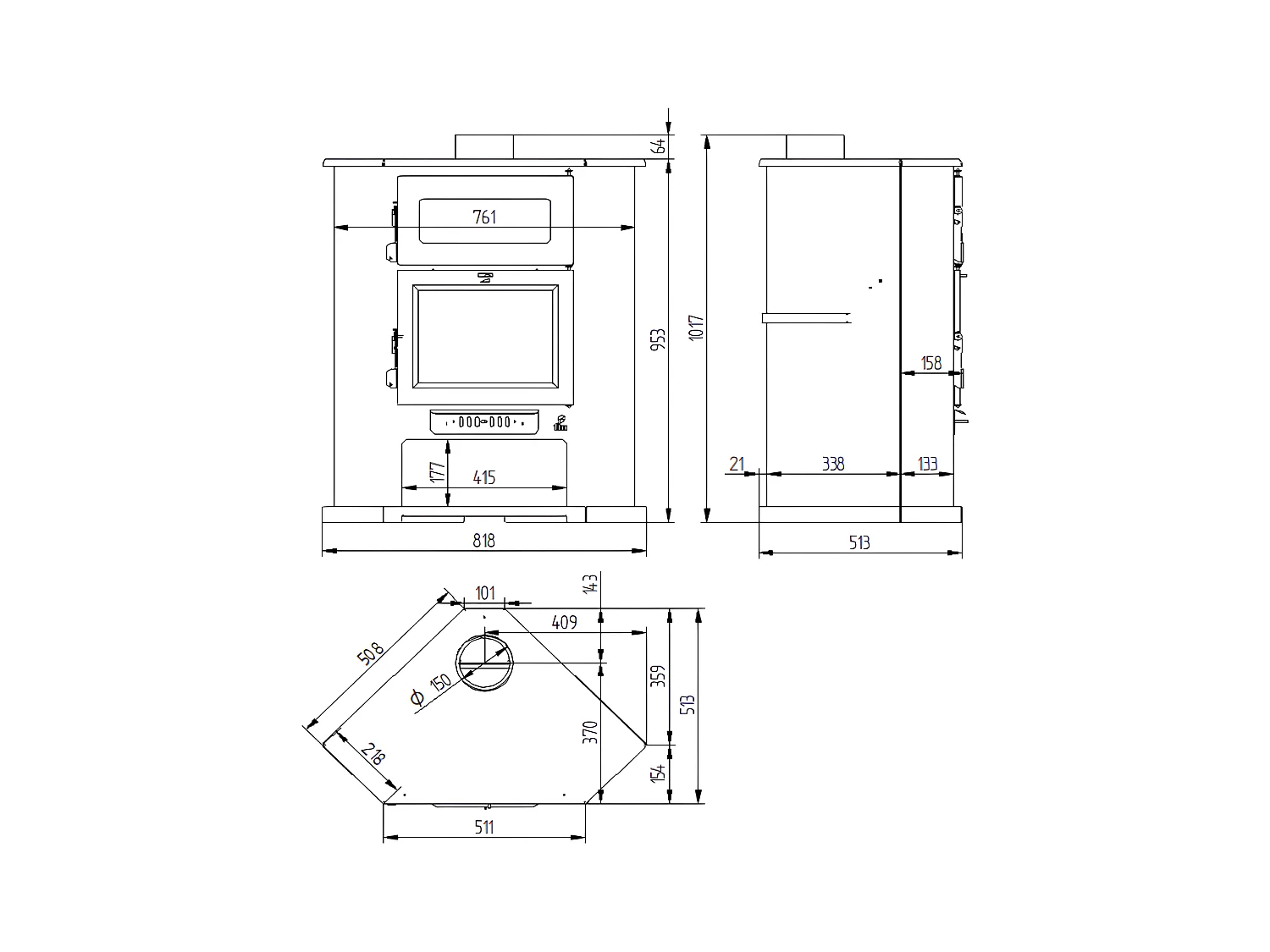 Poêle à bois de coin en acier avec four supérieur et bûcher inférieur - FonteActive