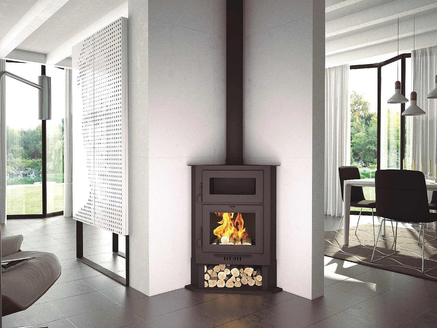 Poêle à bois de coin en acier avec four supérieur et bûcher inférieur - FonteActive