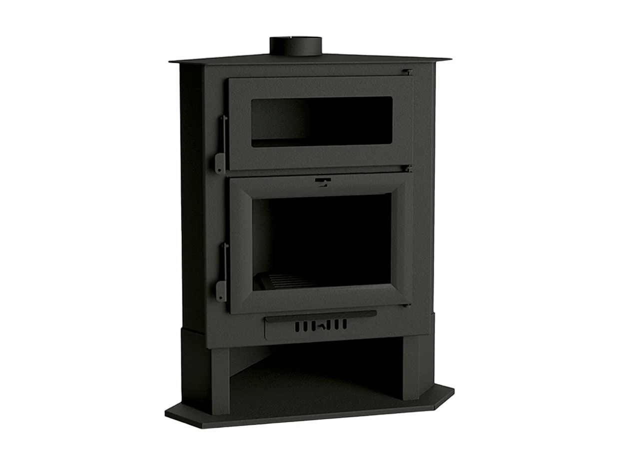 Poêle à bois de coin en acier avec four supérieur et bûcher inférieur - FonteActive