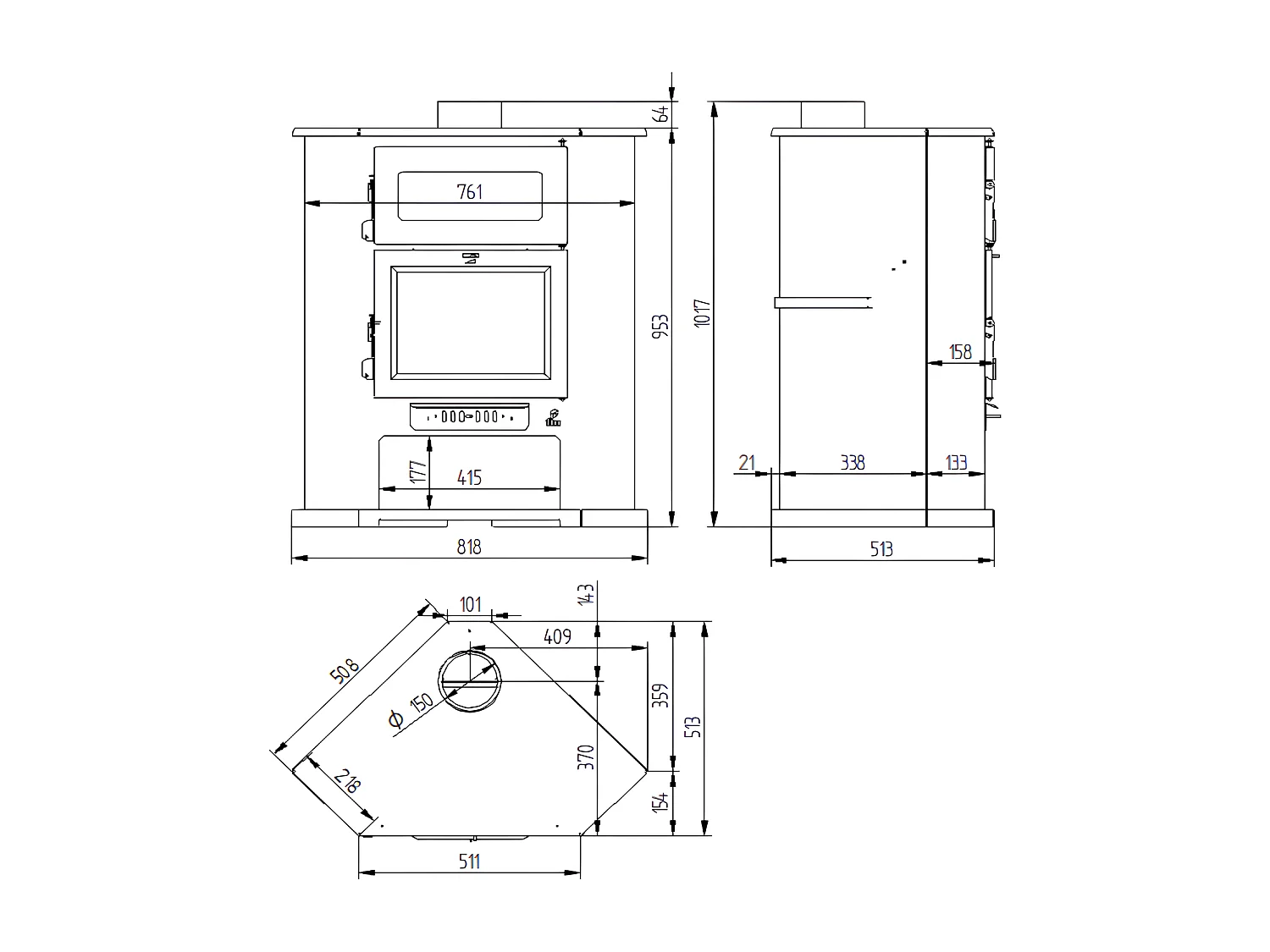 Poêle à bois de coin en acier avec four supérieur et bûcher inférieur - FonteActive