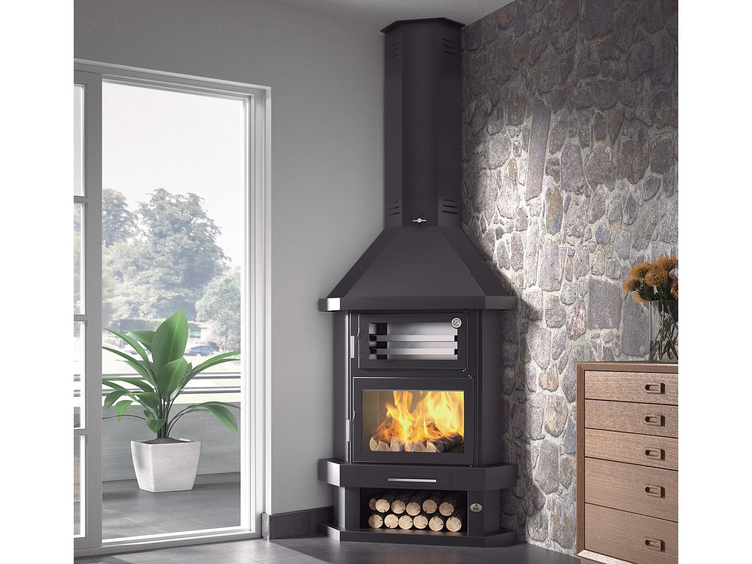 cheminée à bois de coin en acier avec four supérieur, bûcher inférieur - VieuxFoyer