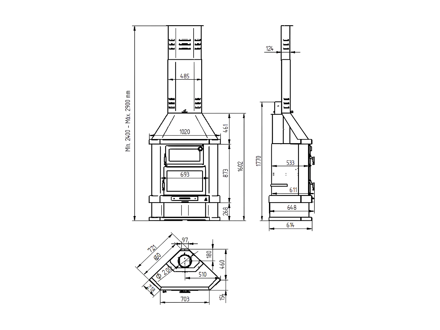 cheminée à bois de coin en acier avec four supérieur, bûcher inférieur - VieuxFoyer