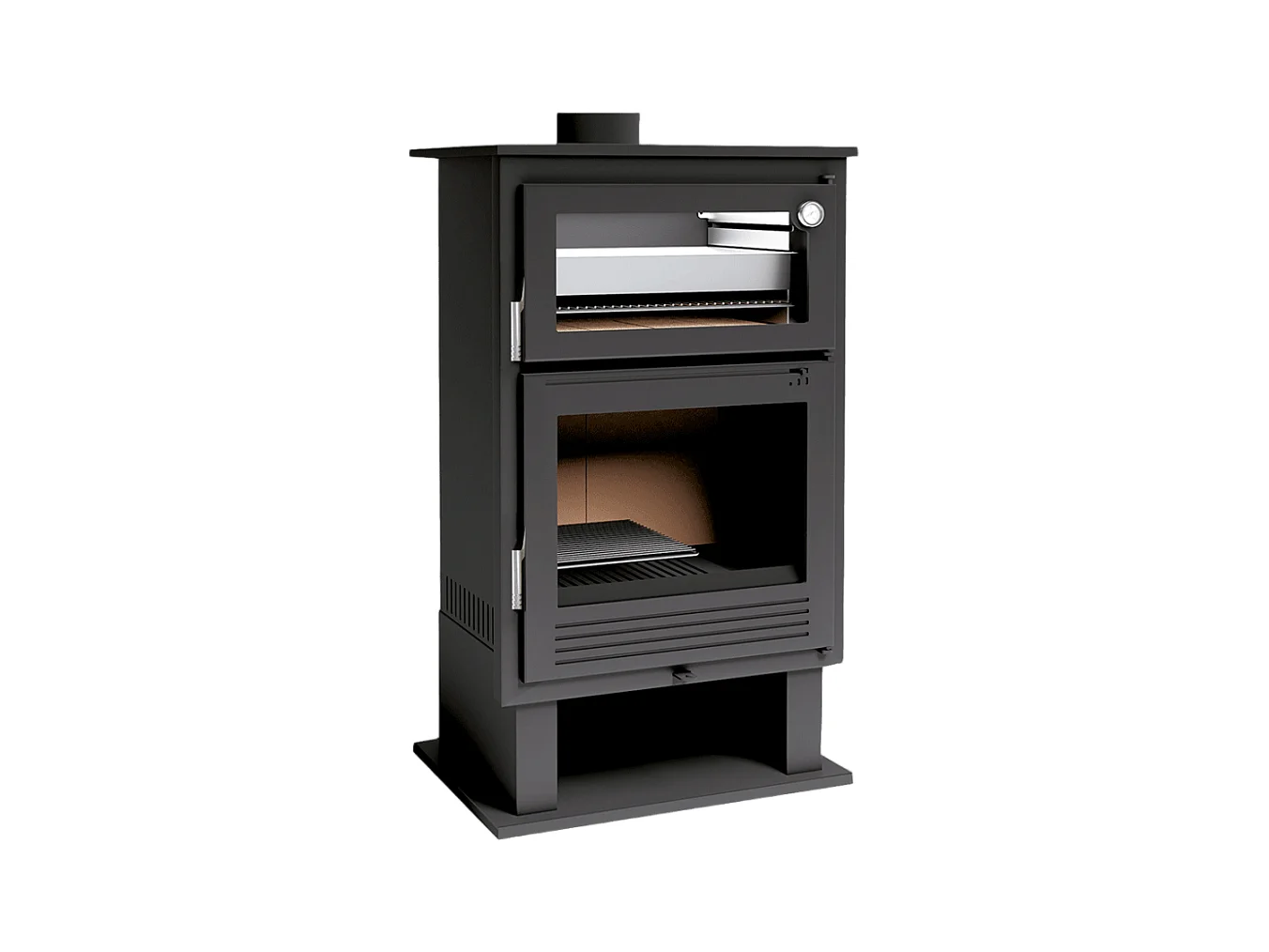 Poêle à bois en acier, four inox de face, bûcher inférieur - IceAway