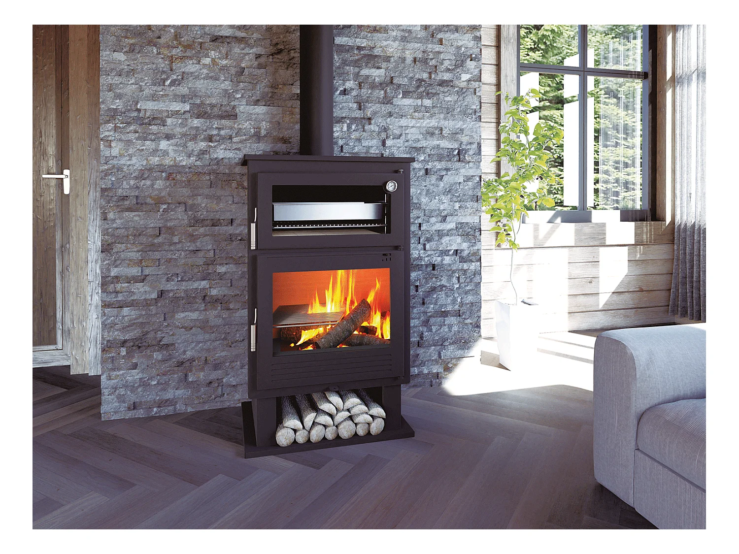 Poêle à bois en acier, four inox de face, bûcher inférieur - IceAway