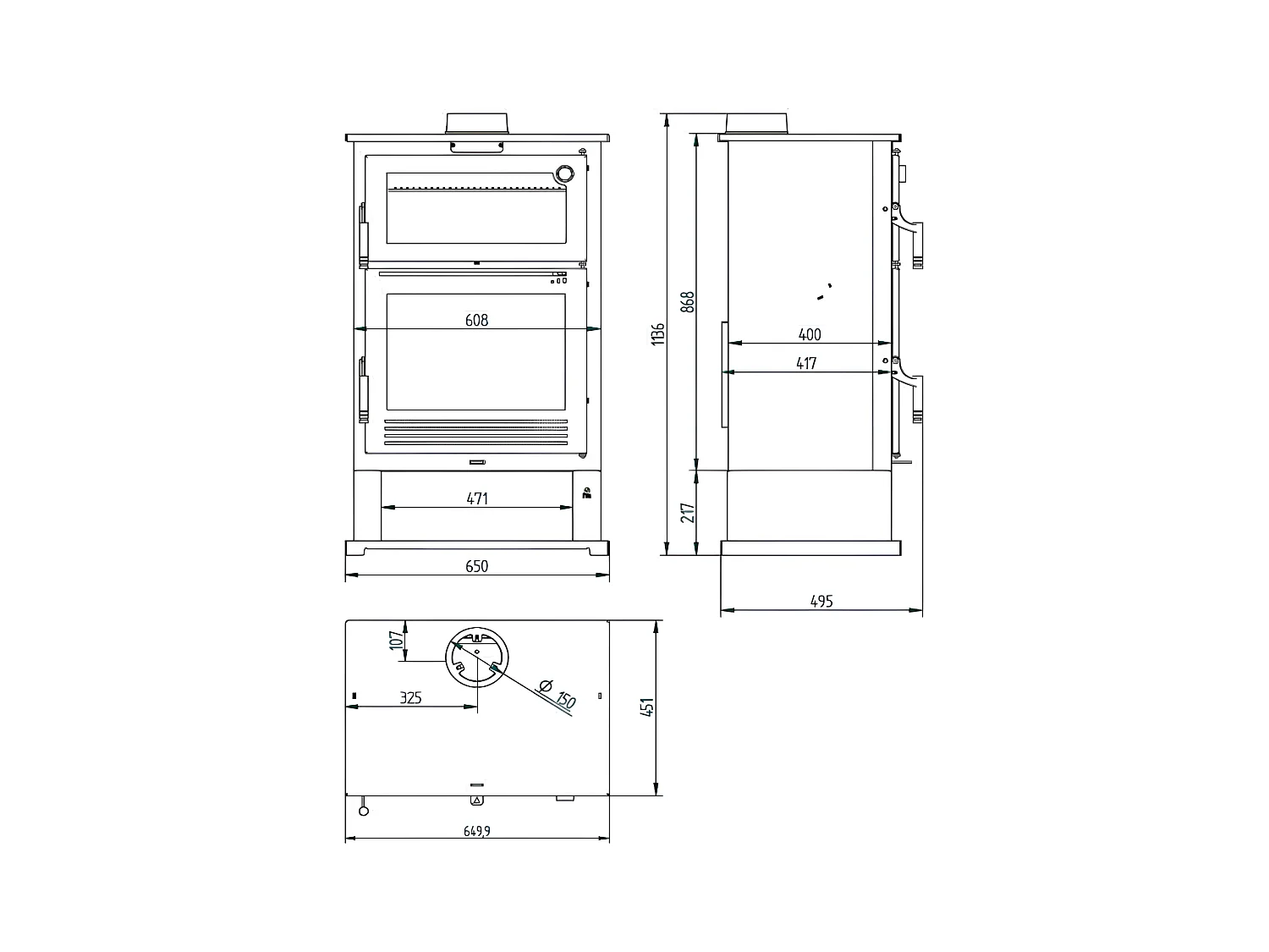Poêle à bois en acier, four inox de face, bûcher inférieur - IceAway