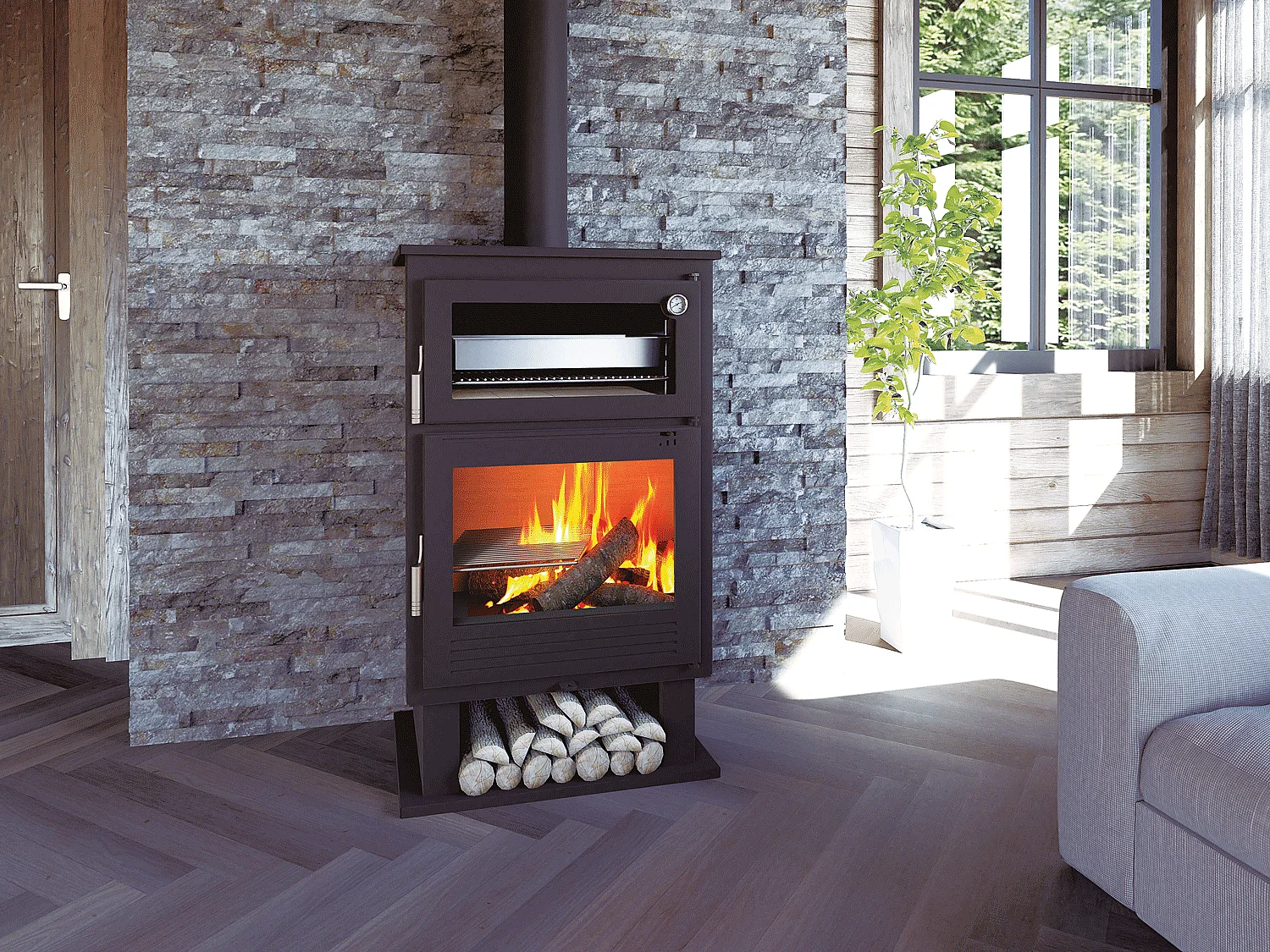 Poêle à bois en acier, four inox de face, bûcher inférieur - IceAway