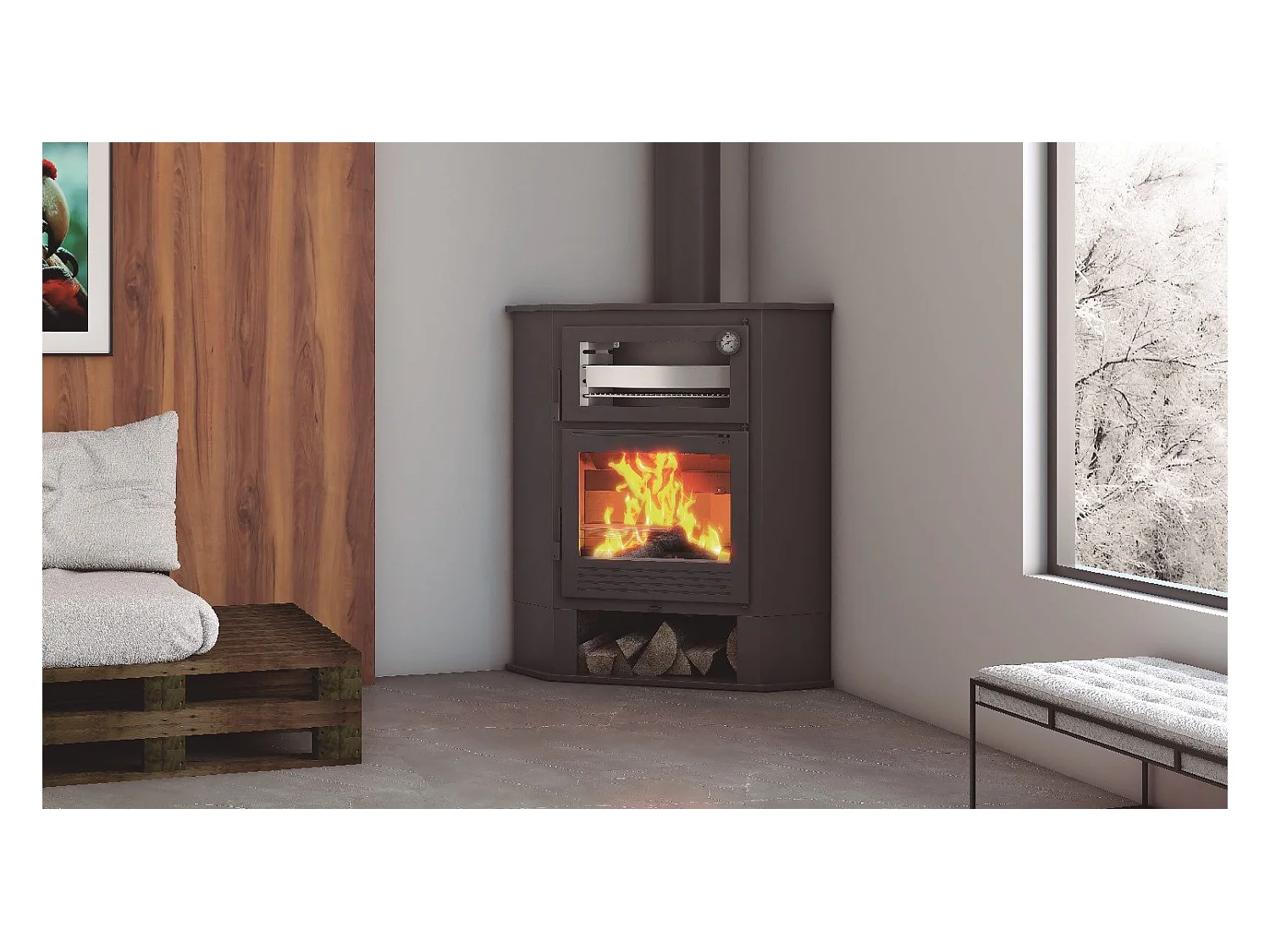 Poêle à bois de coin en acier, four de face, bûcher inférieur - GreenFlamme