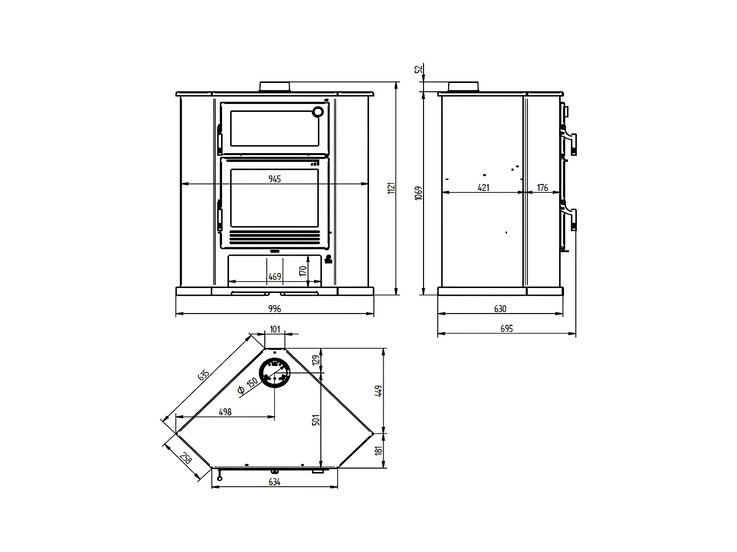 Poêle à bois de coin en acier, four de face, bûcher inférieur - GreenFlamme